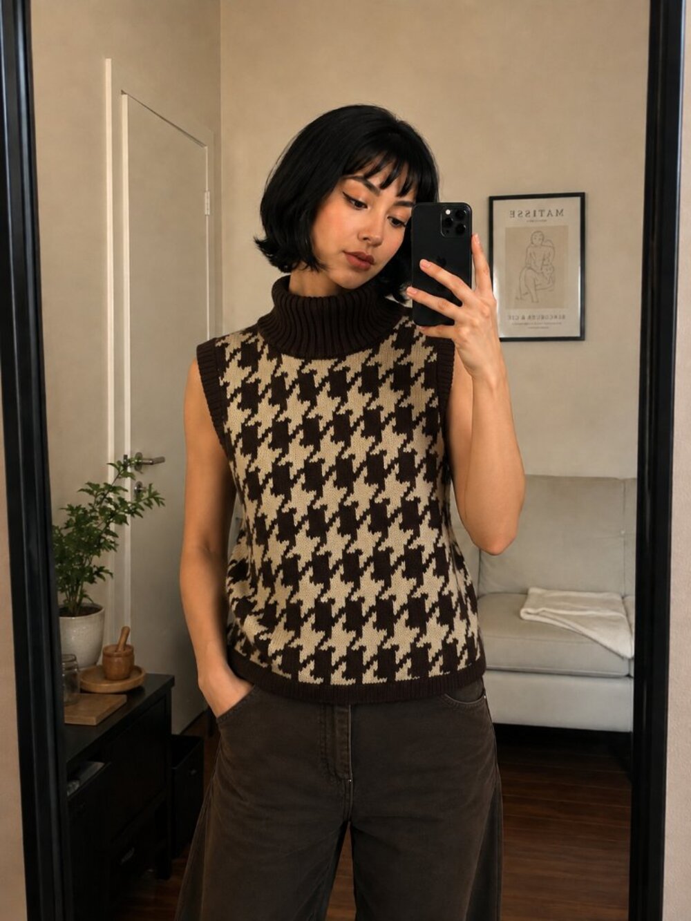 Vintage Mixit Brown and Cream Houndstooth Turtleneck Sweater